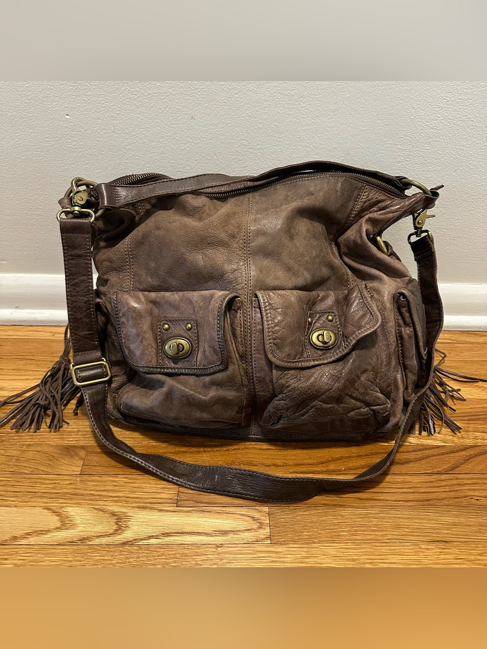Ipanema Brown Leather Fringed Shoulder Bag, Bohemian, Removable Shoulder Strap